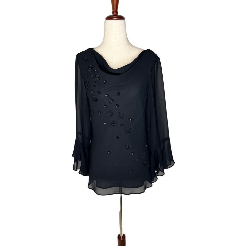 Studio I top women’s size 10 sheer black long sleeve ruffle beaded drape neck